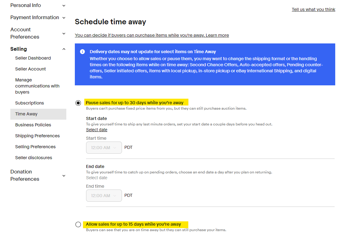 ebay schedule time away settings