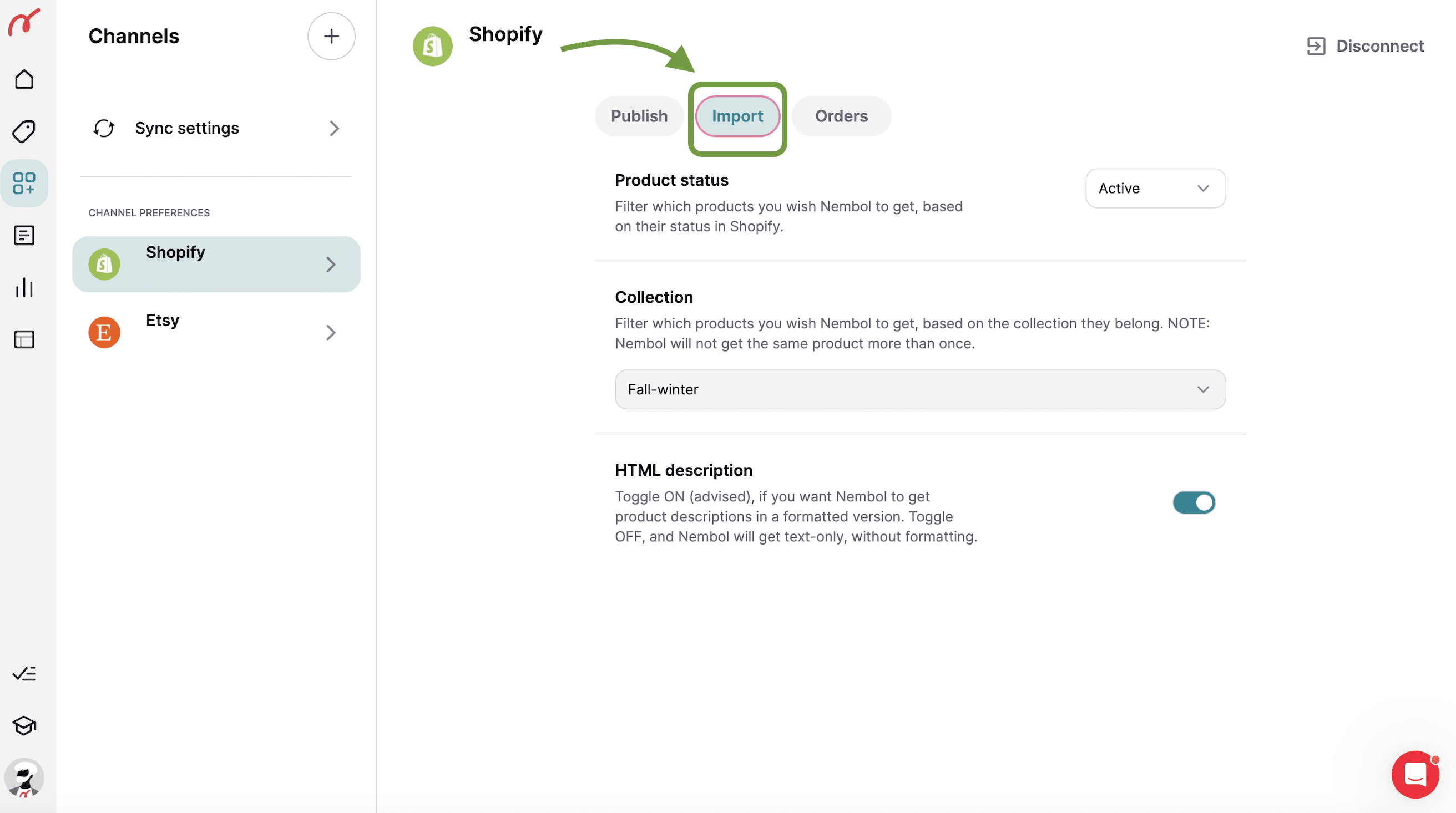 Import settings Shopify