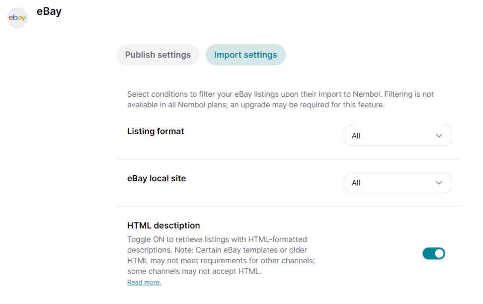 eBay Import settings 2024