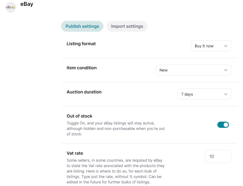 List to ebay settings: select the listing type, the item condition and the listing duration.