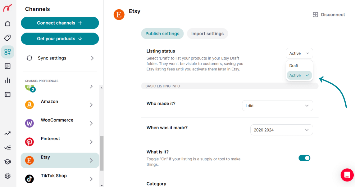 Etsy settings inside Nembol